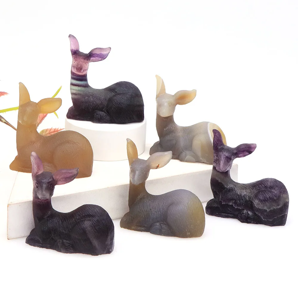 

2" Deer Statue Natural Fluorite Gray Agate Reiki Healing Crystal Stone Carving Crafts Animal Figurine Home Room Decoration Gifts