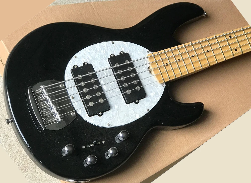 4 Strings Black Active Electric Bass Guitar with Two Pickups,Maple Fretboard,White Pearl Pickguard