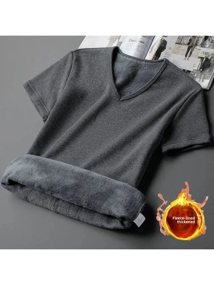 Herren Samt Kurzarm V-Ausschnitt T-Shirt Basisshirt Herbst/Winter Warme Unterwäsche Halbarm Top Thermo Kurzarm Herren