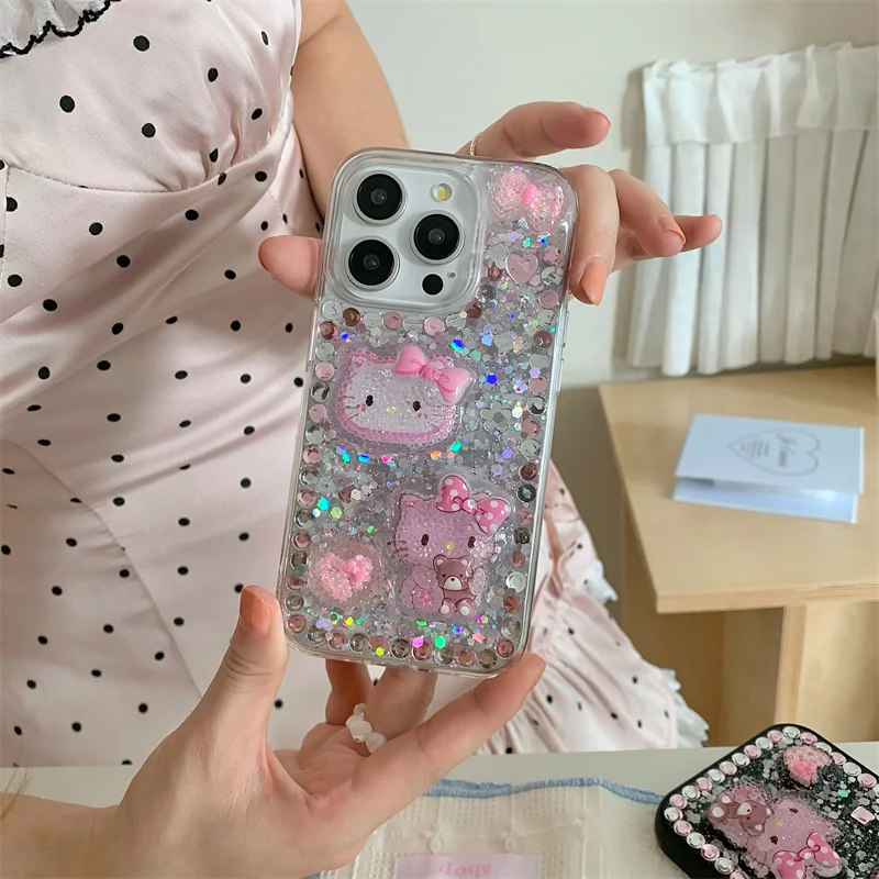 Luxury Cute Pink Bling Glitter Hello Kitty Heart Love Bow Phone Case For iPhone 15 14 13 12 Pro Max Y2k Cartoon KT lovely Cases