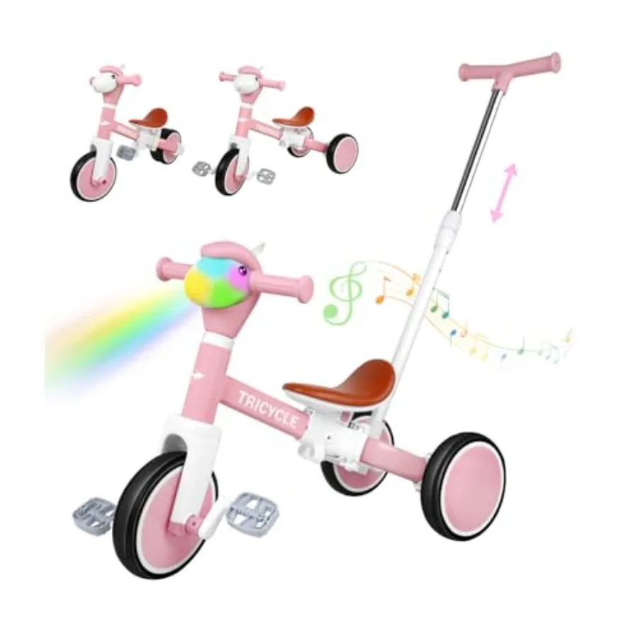 

5-in-1 toddler tricycle for indoor/outdoor use, PP plastic frame, red/blue, foldable design with lights, music, and height-adju