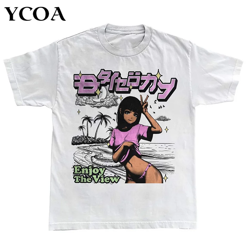 Men T-Shirt Oversized Cotton Anime Y2k Tops Streetwear Harajuku Korean Fashion Short Sleeve Harajuku Graphic Aesthetic Clothing