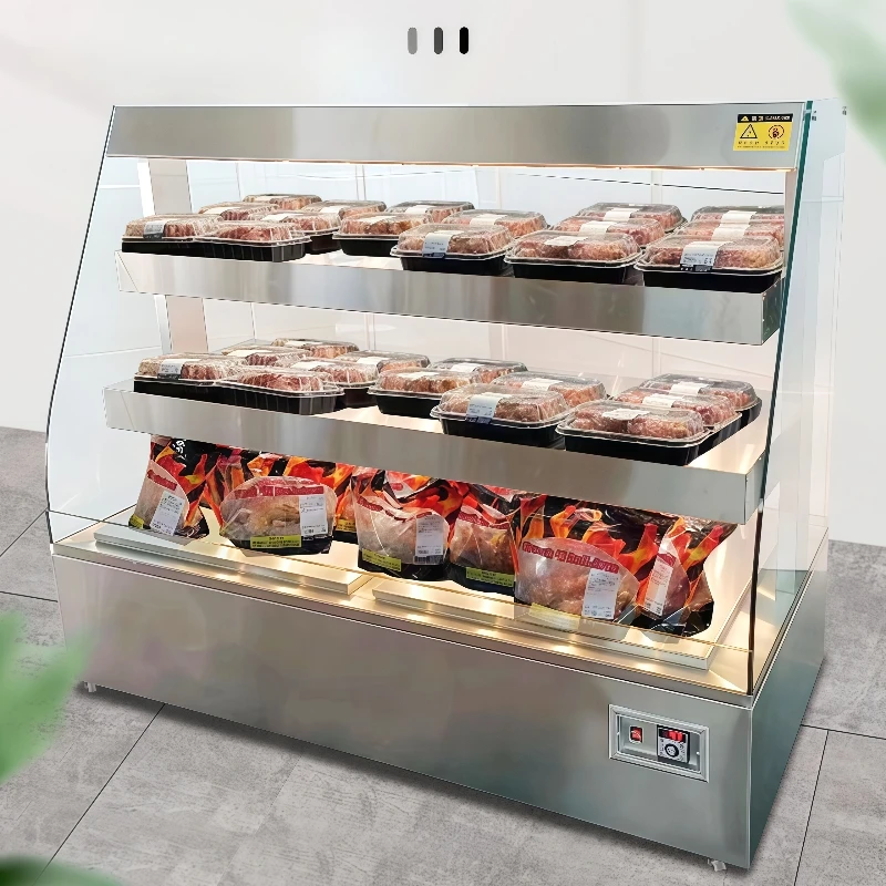 Open front food warmer display case with 50-70 °C temperature control for roast duck, grilled chicken and prepackaged foods