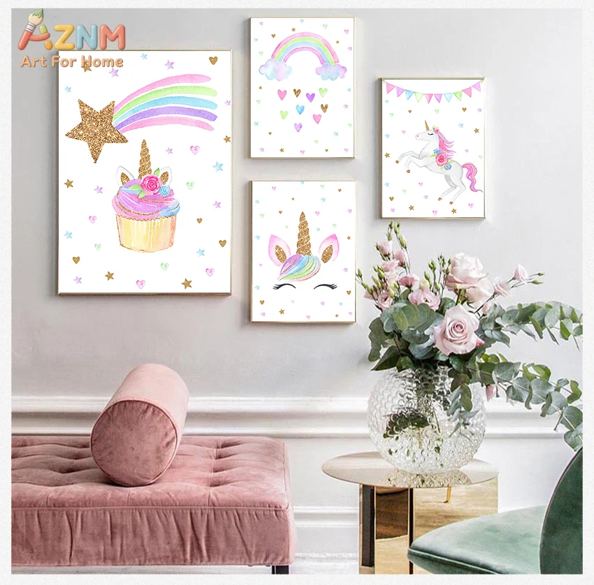 AZNM Cute Unicorn Cloud Canvas Wall Art, Watercolor Rainbow Unicorn Head with Hearts Stars Print, Frameless Magical Unicorn Nurs