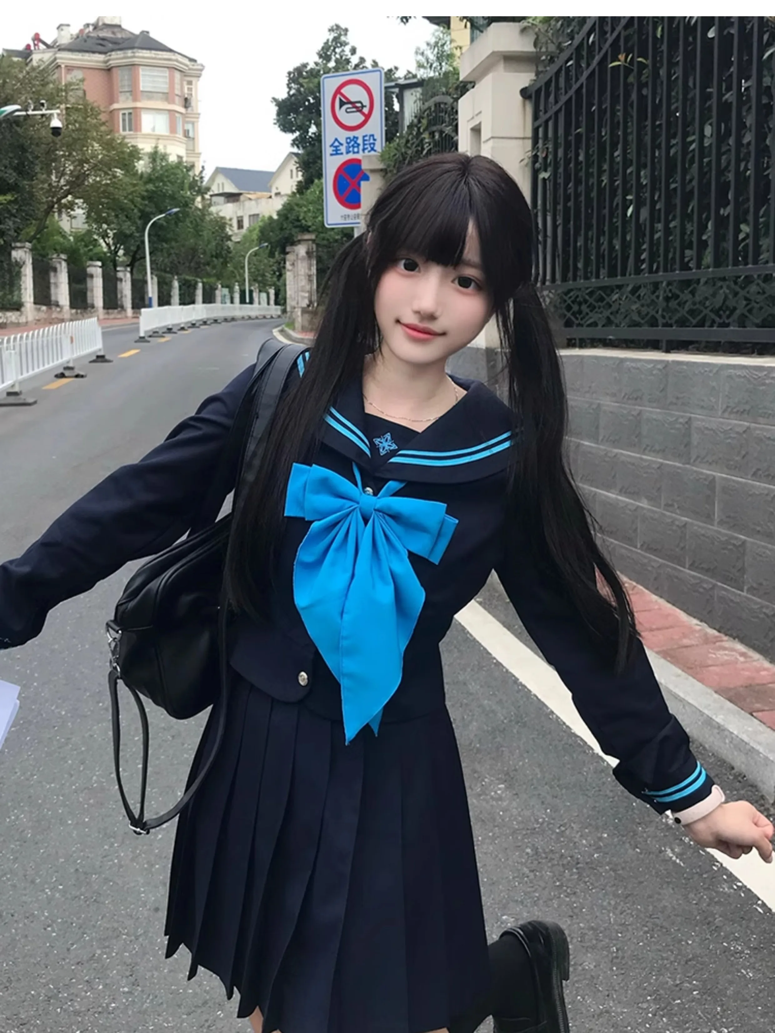 Summer New Japanese College JK Sailor Uniform Navy Blue Sweet Bow Short Sleeve Top Cute A-line High Waist Age-reducing Skirt