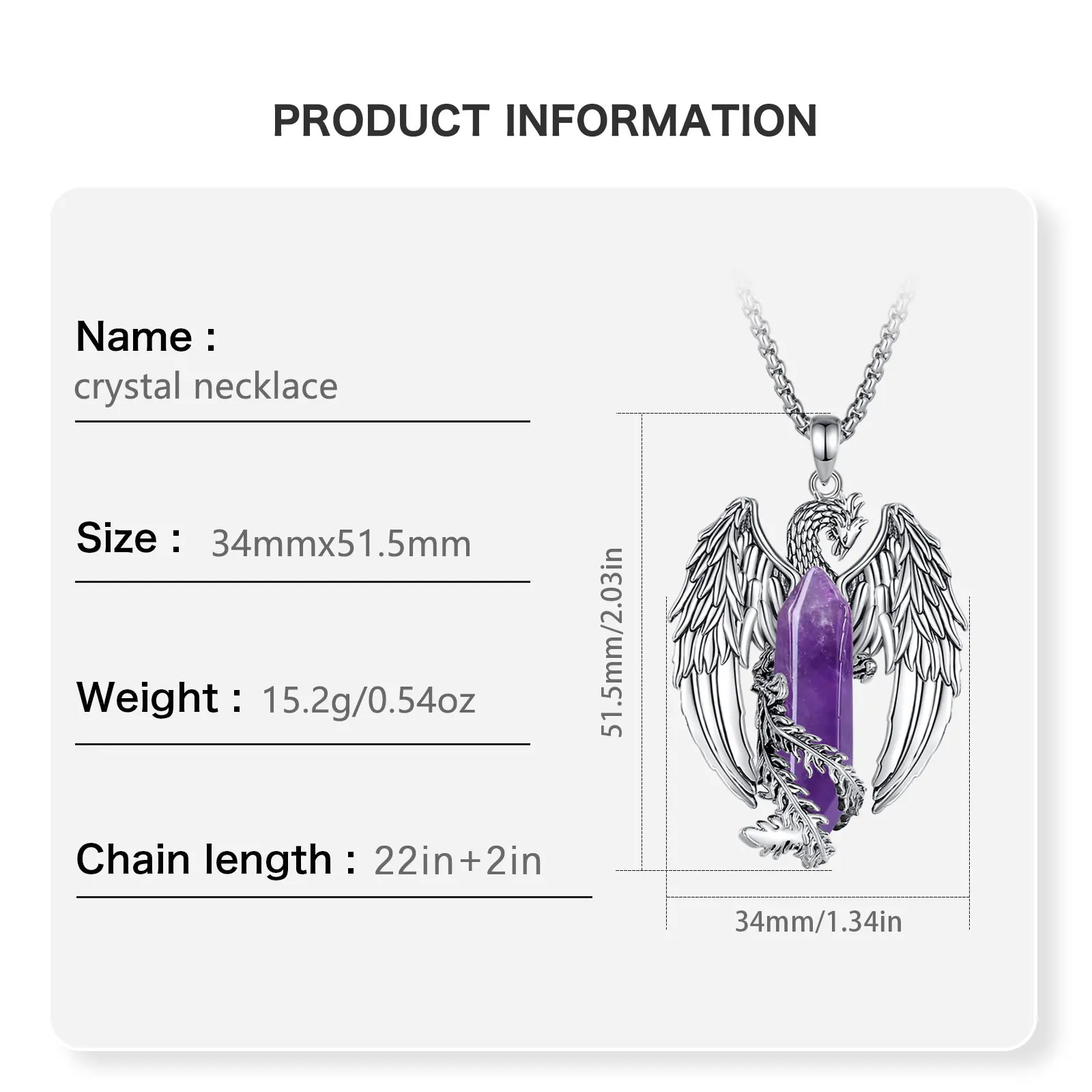 Eudora Phoenix Twining Hexagonal Amethyst Prismatic Necklace Punk Natural Healing Stone Crystal Pendant Personality Jewelry Gift