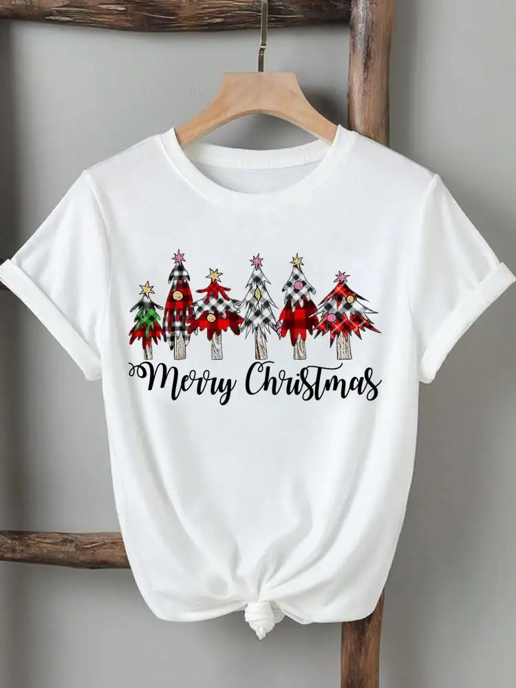 Plaid Love Letter Style Cute Tee Christmas Women Lady Printed New Year Clothing Short Sleeve T-Shirts Fashion Graphic T Top