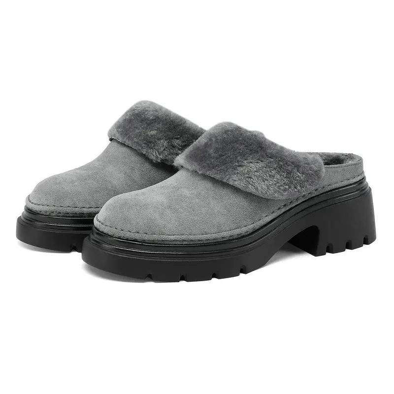 Soft Warm Faux Suede Fur Winter Women Slides Shoes Chunky Heels Slip-on Plush Lined Slippers Outside Pink Grey Mules Big Size 43