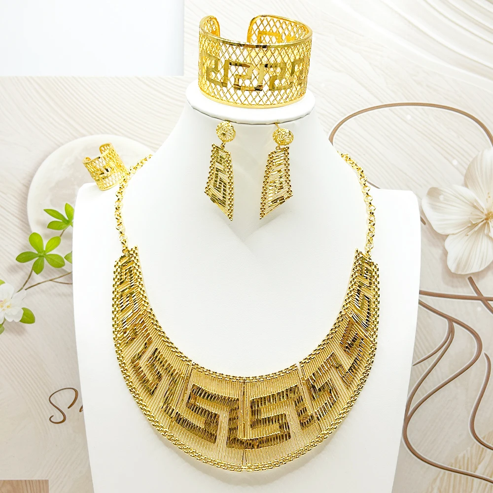 

Classic Gold Color Necklace Earrings Bangle Ring Large Jewelry for Ladies African Luxury Women's Jewelry Sets for Daily Wear