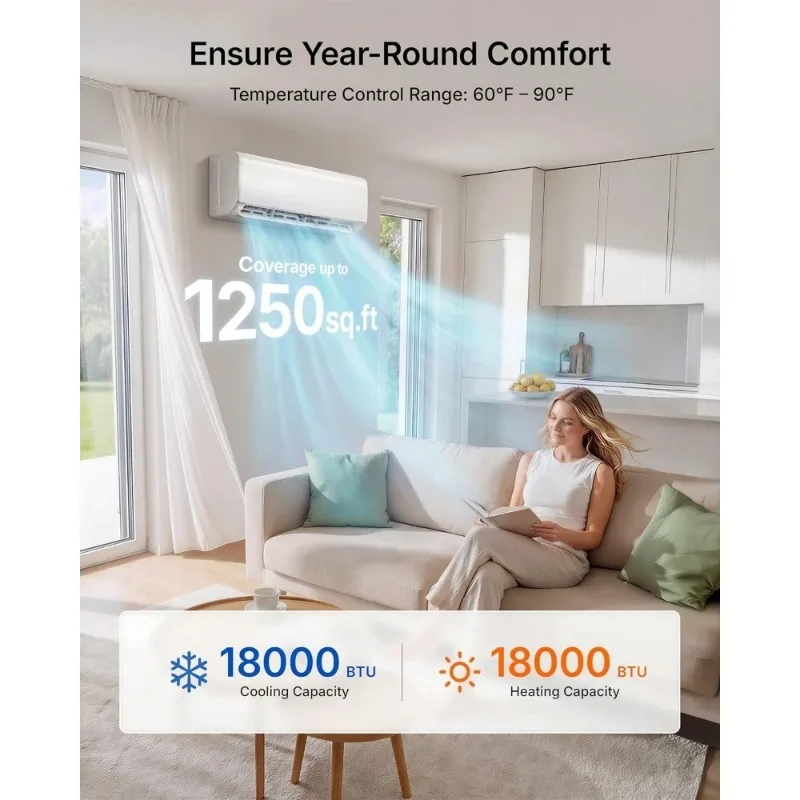 18000 BTU mini split AC/heating system, 20 inverters, 208/230V ductless air conditioning