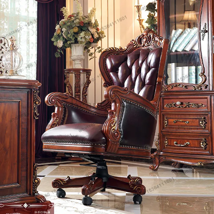 

American leather boss chair study European full solid wood carving flower gold retro swivel chair customization