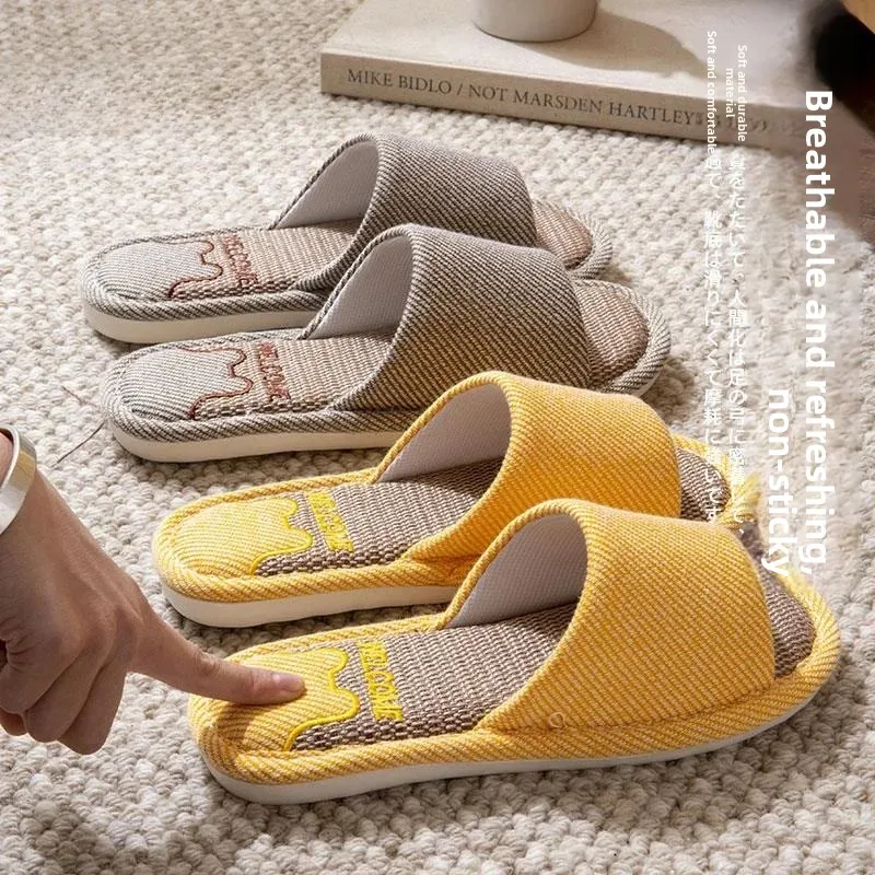 Women's Linen Slippers Indoor Home Breathable Absorbent Cotton Linen Anti-Slip Couple Cotton Linen Slippers Comfortable Casual