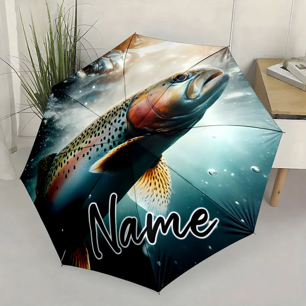 Custom Name Stylish Umbrella with Fish Design 8 Iron Ribs Folding Umbrella Auto-Open Fashionable Sunshade Deluxe Gift