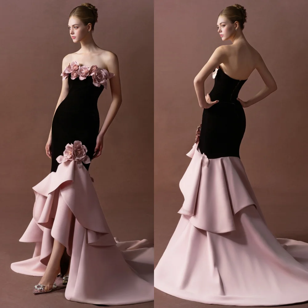 

Customized Classic Exquisite Jersey Flower Pleat Trumpet Strapless Long Dresses Bespoke Occasion Retro