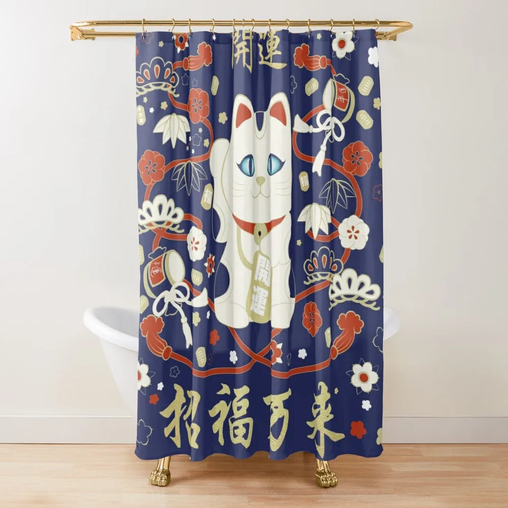 Japan Lucky Fortune Cat Shower Curtain  Gold Coin Bathroom Decoration With Hook Polyester Fabric Waterproof Shower Curtain Hooks