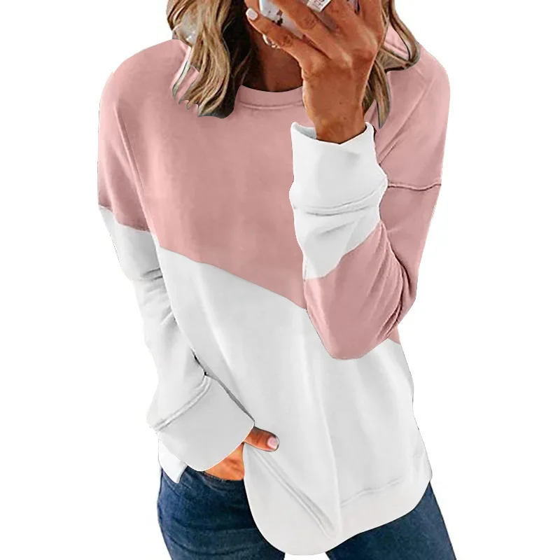 Autumn new color blocked long sleeved round neck contrasting loose hoodie T-shirt top for women