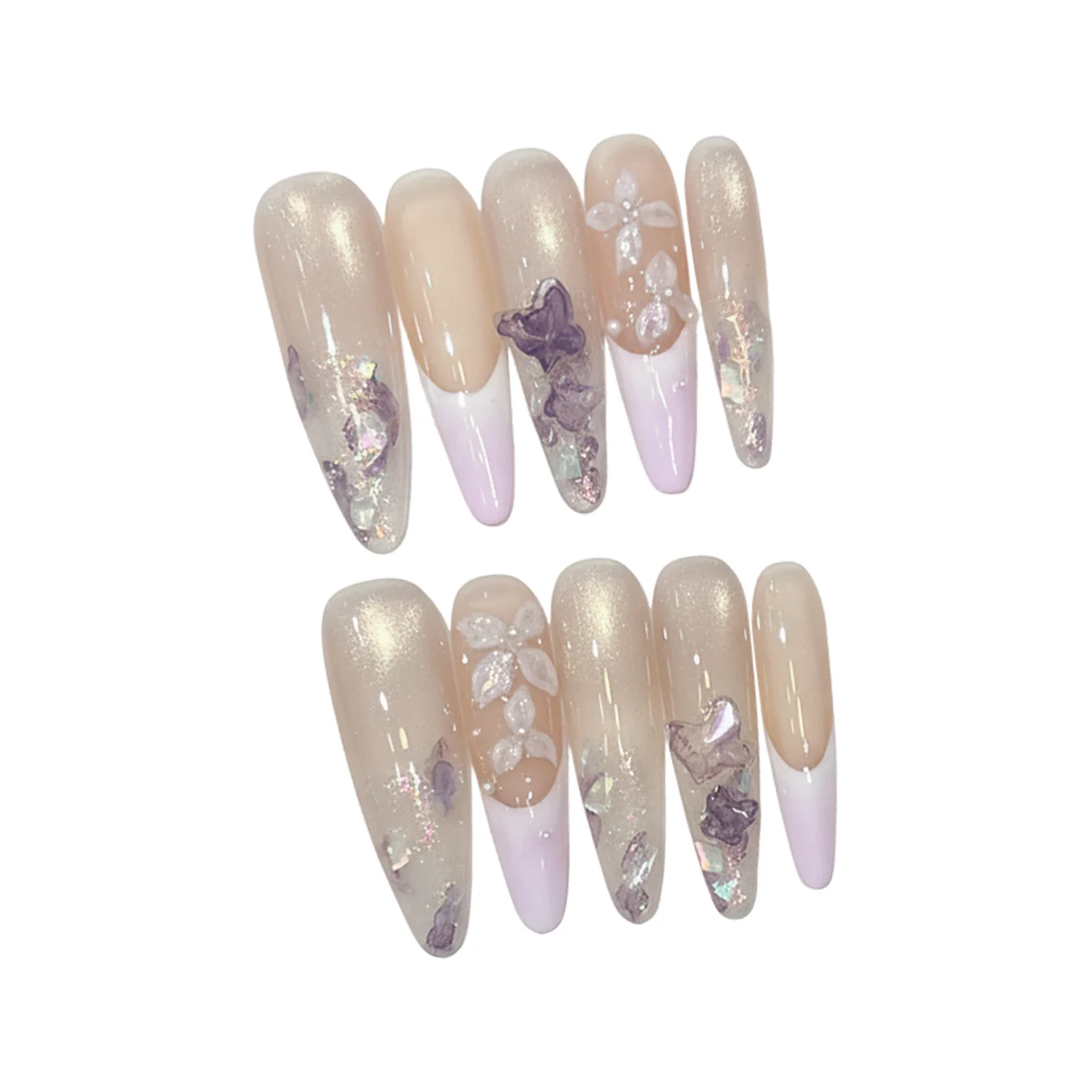 10 pçs suave longo amêndoa handamde unhas falsas estilo chinês tinta-lavagem borboleta flor imprensa em unhas olho de gato francês unhas falsas