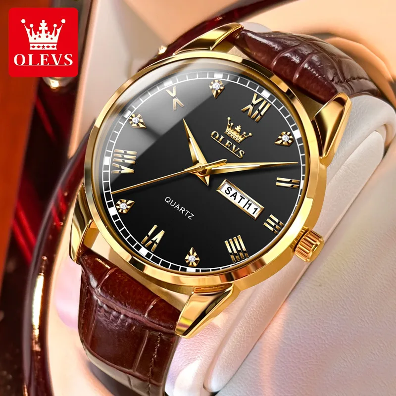 OLEVS New Business Mens Watches Top Brand Luxury Leather Strap Warterproof Week Date Quartz Watch for Men Relogio Masculino