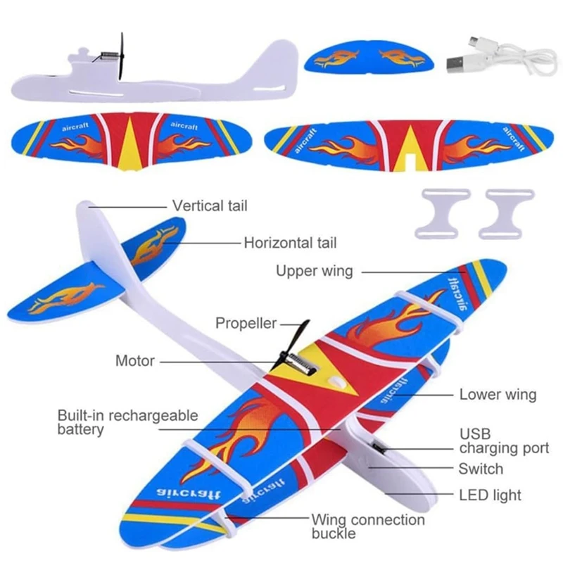 Electric Foam Plane Glider Hand Airplanes Capacitor with LED Light Outdoor Aircraft Model Kids Toys for Children Boys Gifts