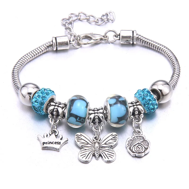 Charm Bracelet  Bangles Jewelry white butterfly Crown Beads Bracelets Brands Bracelets Fit WomenFriendship Gift ﻿