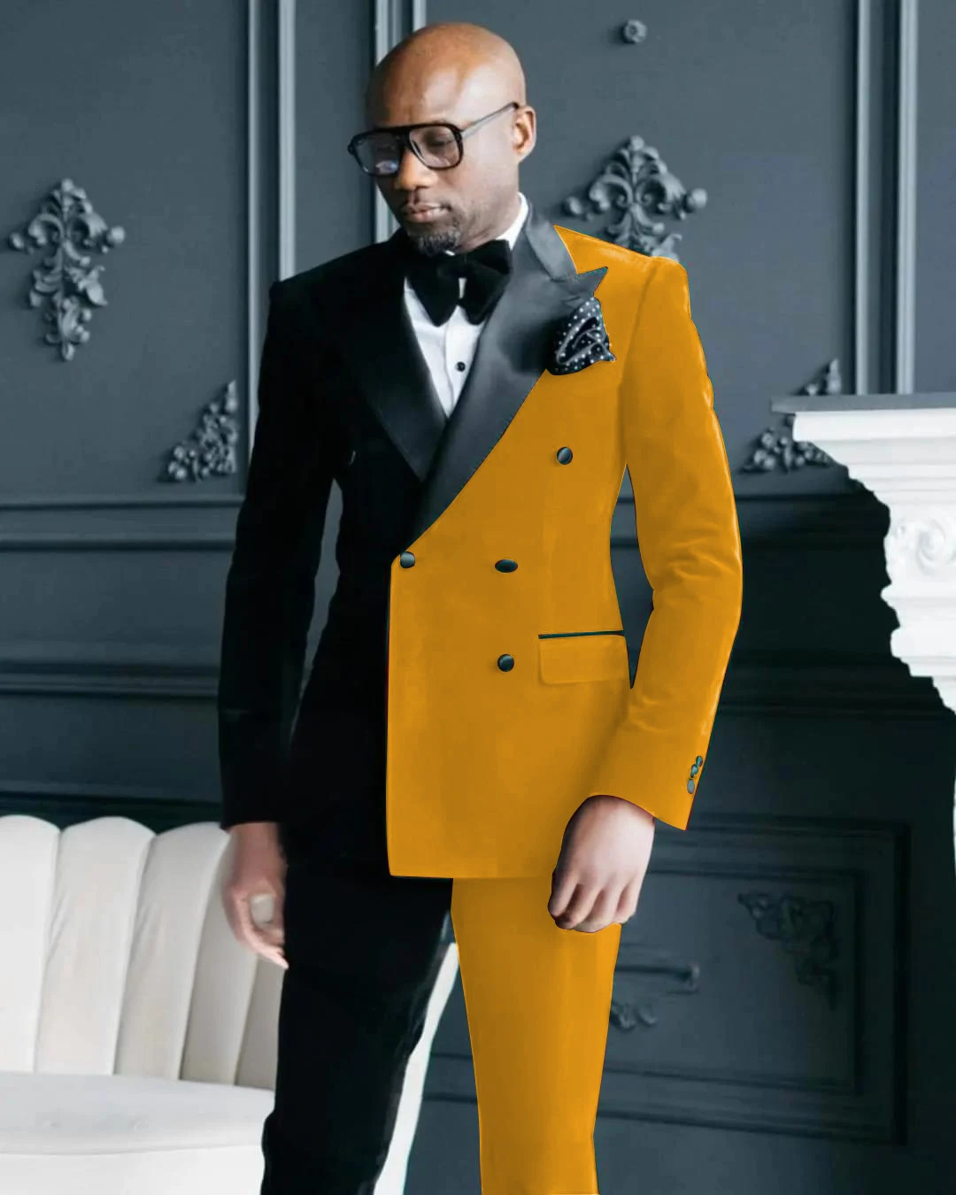 

High Quality Men's Two Tone Suit Double Breasted Blazer Pants Set Contrast Groom Tuxedo for Wedding Party Stage