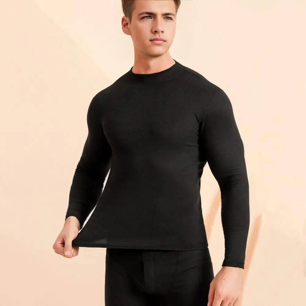 Дышащая домашняя одежда, мужской термотоп, комплект брюк с высокой талией, облегающий дышащий наряд для зимы, однотонный однотонный комплект с круглым вырезом и длинными рукавами