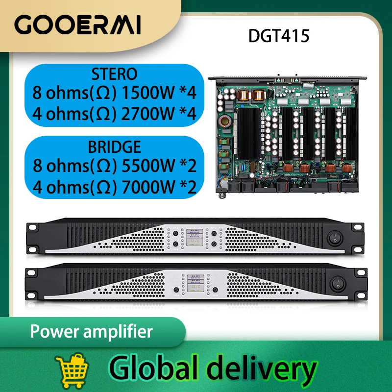 

Профессиональный аудиоусилитель Gooermi DGT415, 2000 Вт, 4 канала, 1U, усилитель для сабвуфера, класс D, предусилитель для линейных массивов акустических систем