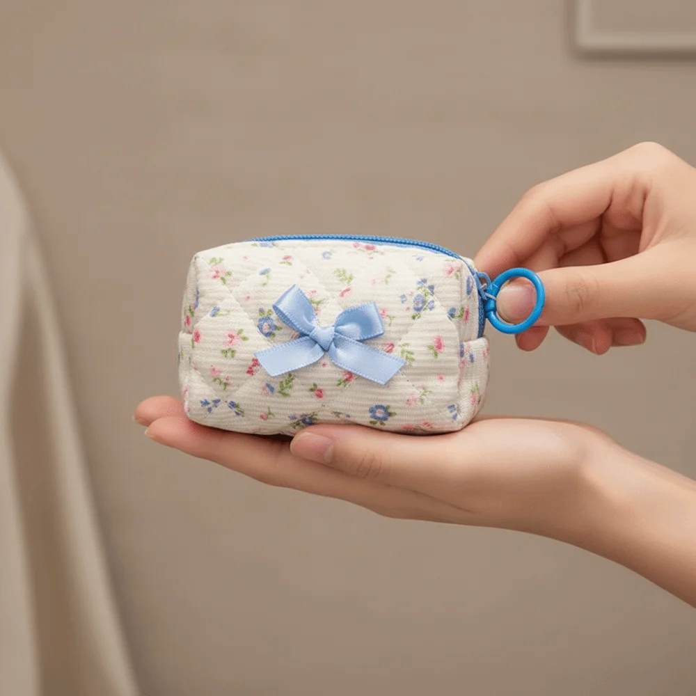 Embroidered Bowknot Mini Makeup Bag Quilted Lattice Floral Print Quilted Cosmetic Pouch Puffy Texture Multi Patterns