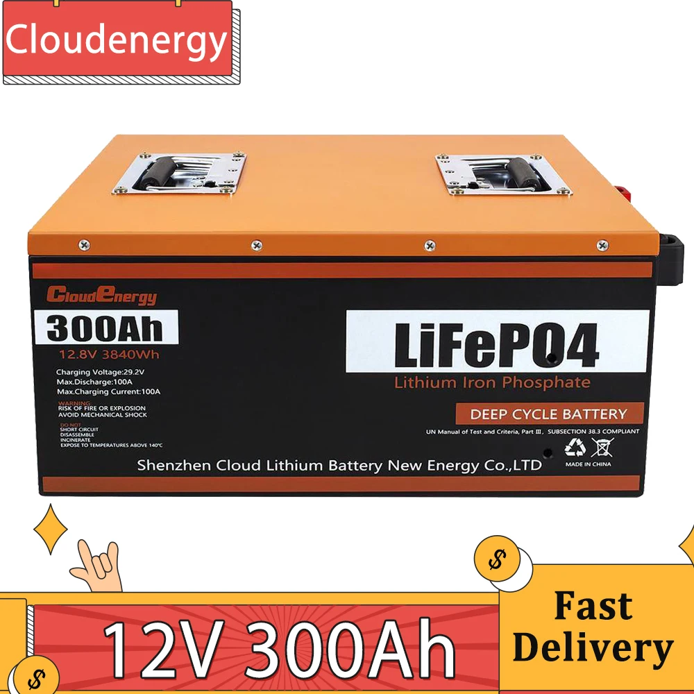 Cloudenergy 12V 300Ah LiFePO4 Battery Pack Backup Power, 1920Wh Energy, 6000+ Cycles, 100A BMS, Support in Series/Parallel