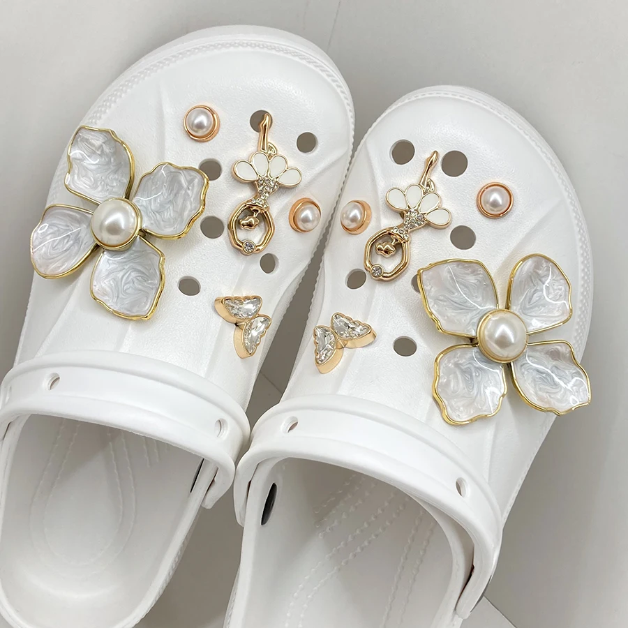 10pcs 3D White Golden Flower Pearl Butterfly Fairy Charms Pins Shoe Decoration Suitable For CROCS Clogs image 2