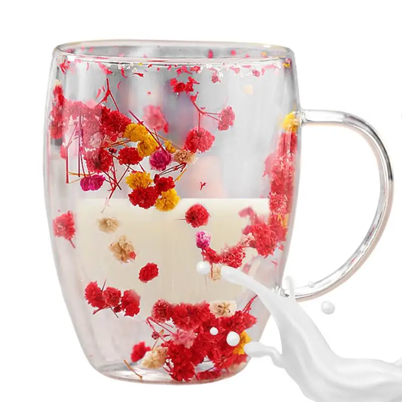 Insulated Layer Flowers Coffee Cup Ergonomic Handle Anti-Scald Glass Mugs Coffee Mug Built-in Selected Dried Flowers for Family