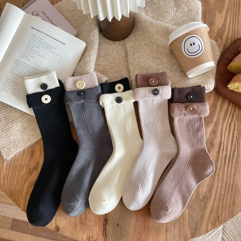 Japanese Flanged Button Women Cotton Socks Spring Autumn and Winter Girls Contrasting Lace Tube Socks Ins Tide Cotton Socks