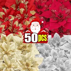 Christmas Red Gold Glitter Flowers Artificial Poinsettia Flower for Xmas Tree Ornaments Navidad New Year Party Home Decoration