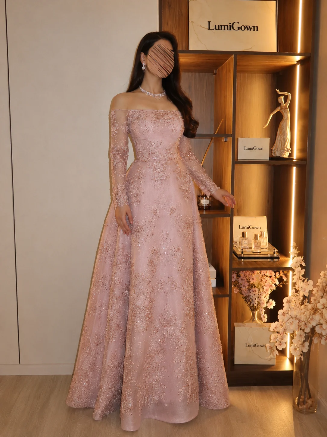 LumiGown 2026 Dusty Pink Off Shoulder Evening Gown Long Sleeve Beaded Lace A‑Line Formal Party Dress Custom Made Luxury PromGown