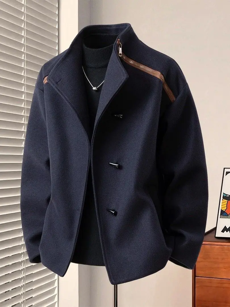 Winter New Men's ort Woolen Jaet Trendy Coat Overalls Polyester Fiber Long Sve Stand Version Youth Faion