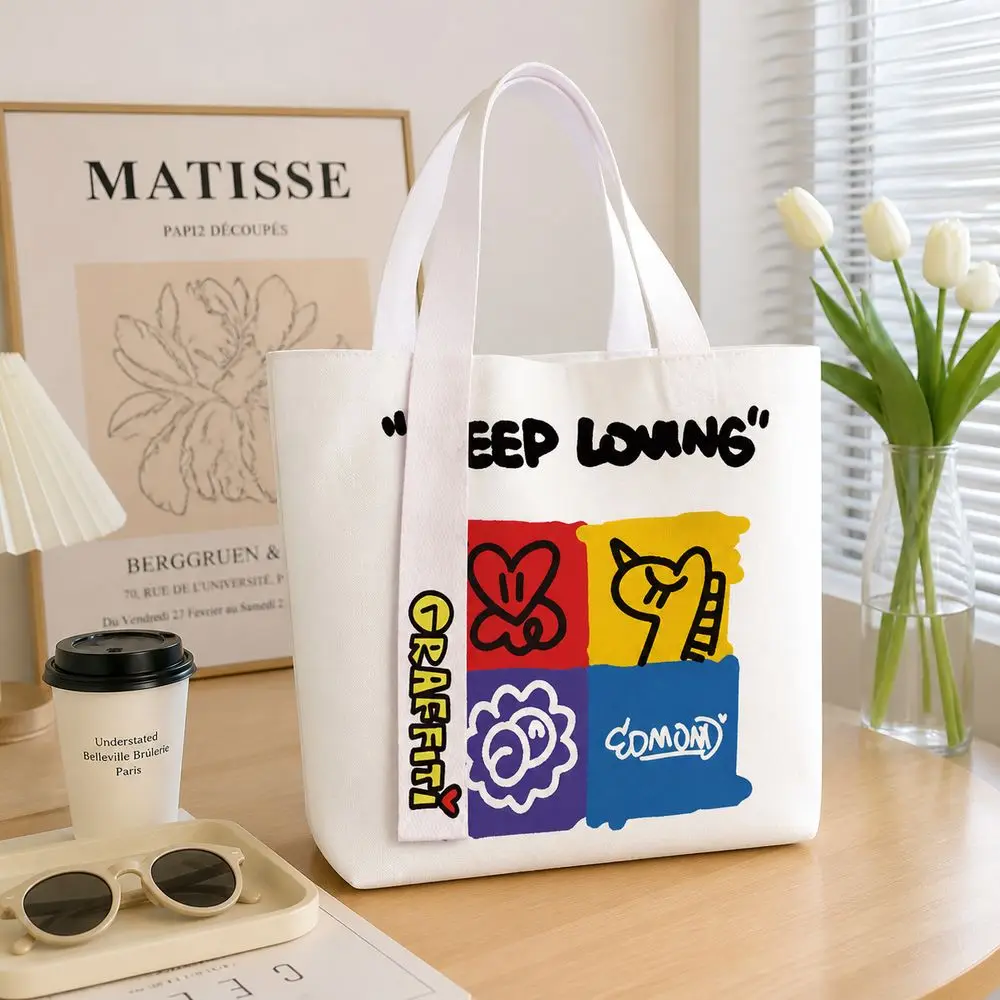 Durable Graffiti Style Canvas Bag Large Capacity Reusable Tote Bag Versatile Lightweight Shopping Bag Women's Accessories