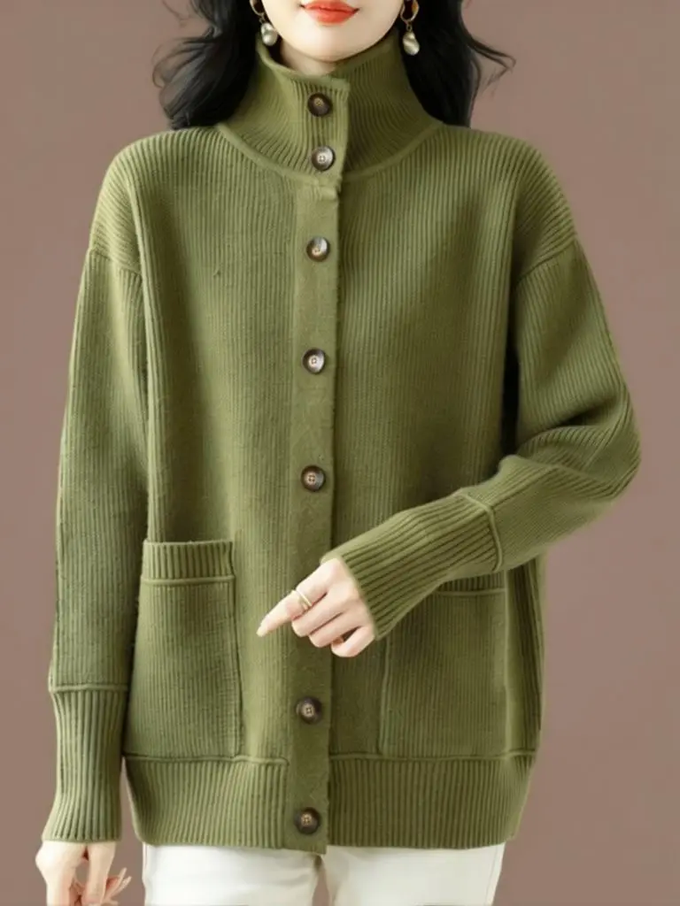 Casual Turtleneck Mom Elegant Knitwear Jacket Women Button Up Cardigan Lapel Pea Coat Middle Age Customize XXL Loose Outwear