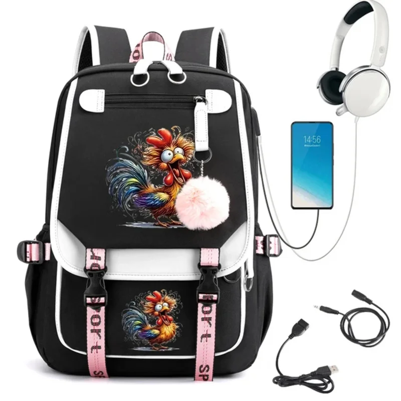 Women's Backpack Fashion Watercolor Chicken Student Computer Backpack Usb Charging School Bags Teenager Travel Bookbag Book Bags