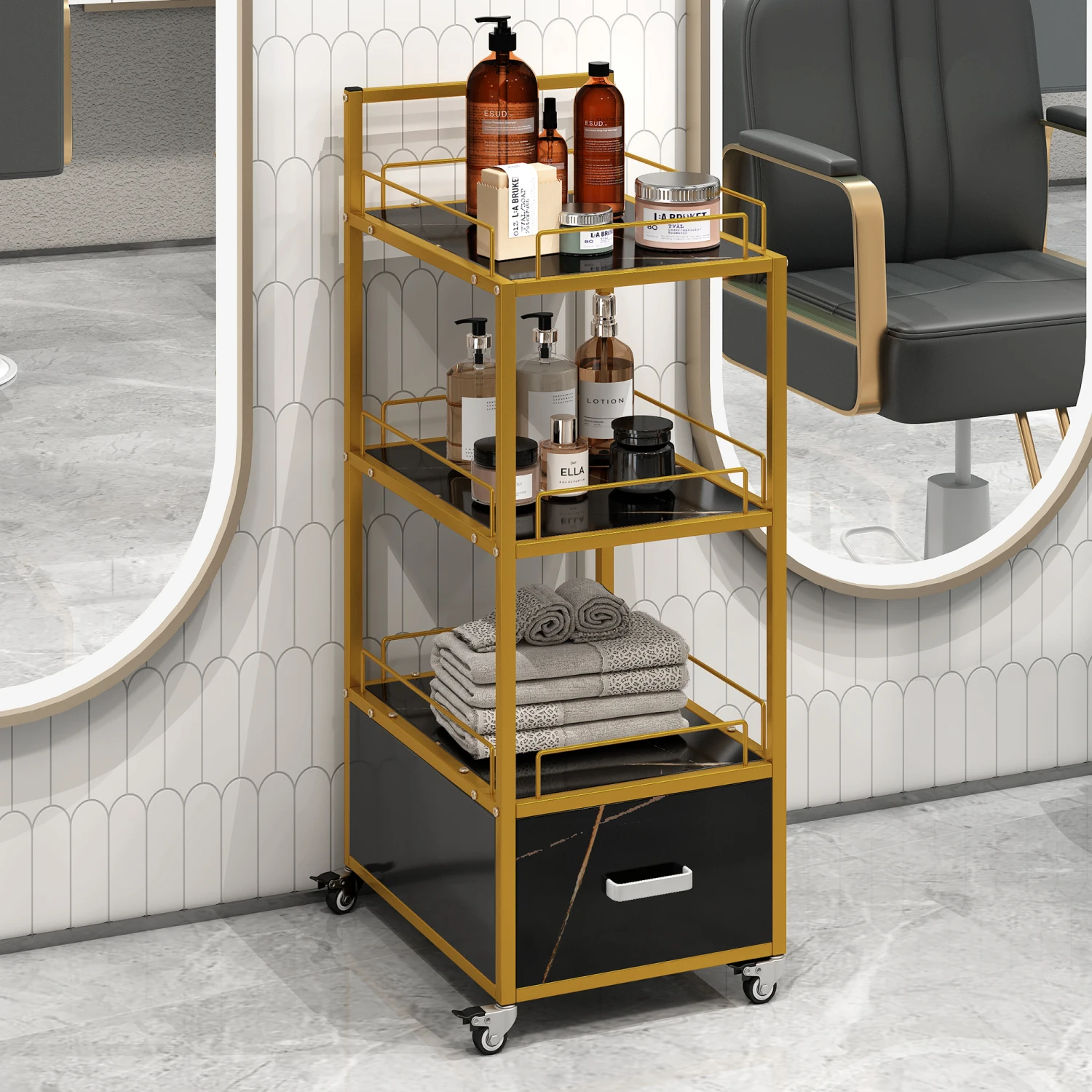 

Beauty Salon Storage Trolley Cart,with Lockable Rolling Wheels,Metal Frame Marbled Board,Drawer Barber Salon Furniture,Black