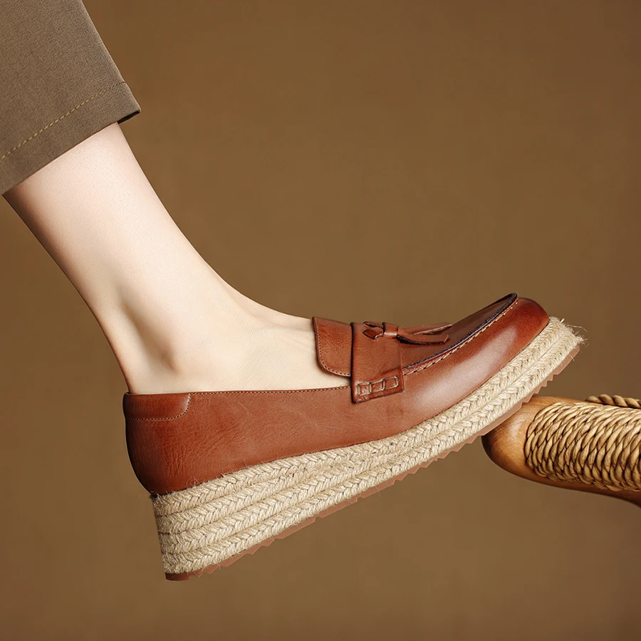 EAGSITY Cuero de vaca 100% mocasines casuales cuña zapatos de mujer alpargatas comodidad tacón bajo calzado al aire libre zapatos zapatilla marrón