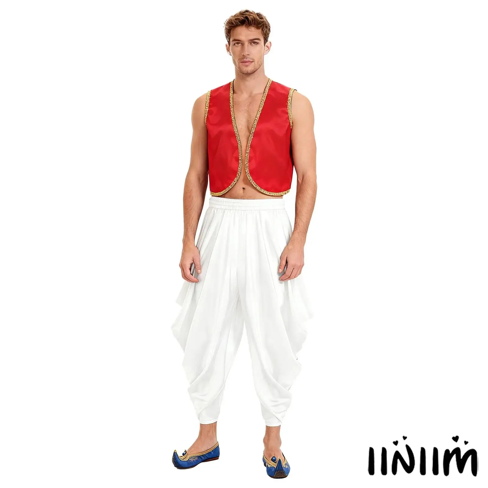 

Mens Arabian Prince Role Play Costume Gold Trim Sleeveless Open Front Vest with Harem Pants for Circus Performance Dress Up