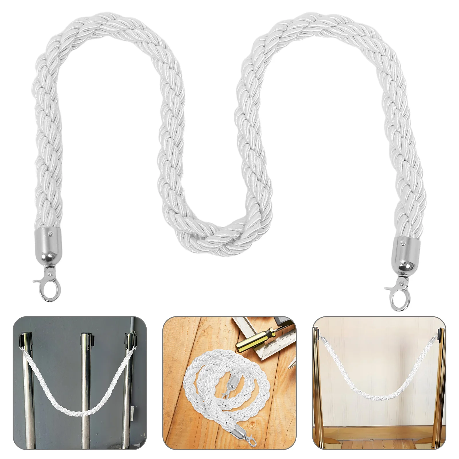 

White Stanchion Rope Barrier 1.5m Braided Queue Rope Heavy Duty Crowd Control Chrome Hook Theater Vip Queue Barrier