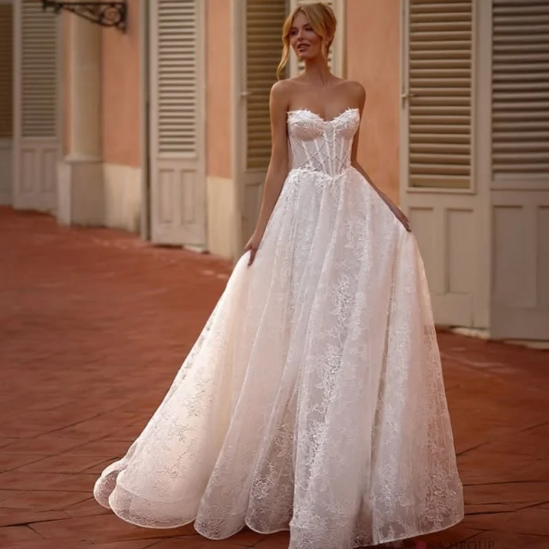 Shiny Lace ivory Wedding Dresses off-shoulder long sleeves A skirt flower decal Long tail Bridal Gowns Made Customized