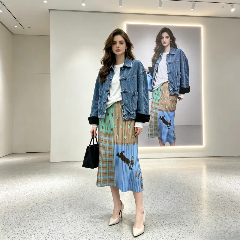 

Miyake Pleated 2026 New Summer Skirt for Pear-Shaped Body Loose Printed Straight Skirt Versatile Mid-Length Skirt for Daily Wear