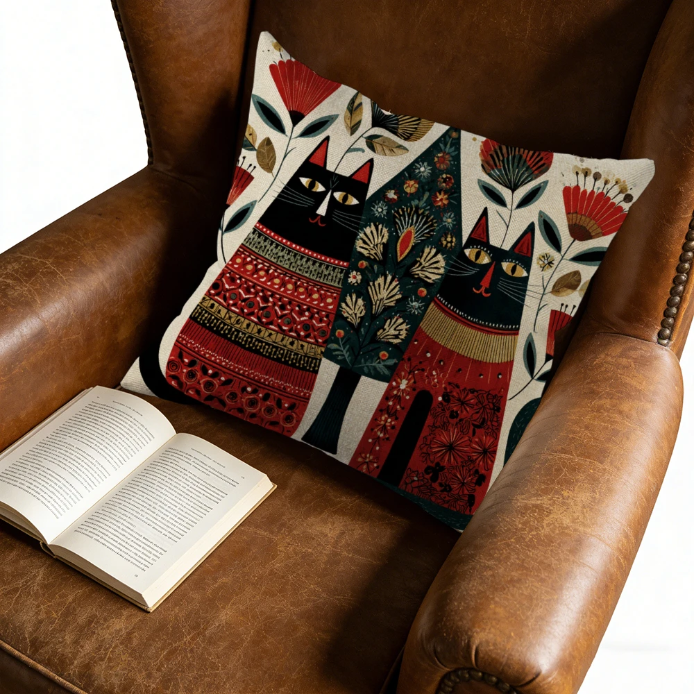 1pc Folk Art Red Black Floral Cat Print Cushion Cover for Sofa Bed Living Room Bedroom Decorative 45x45cm