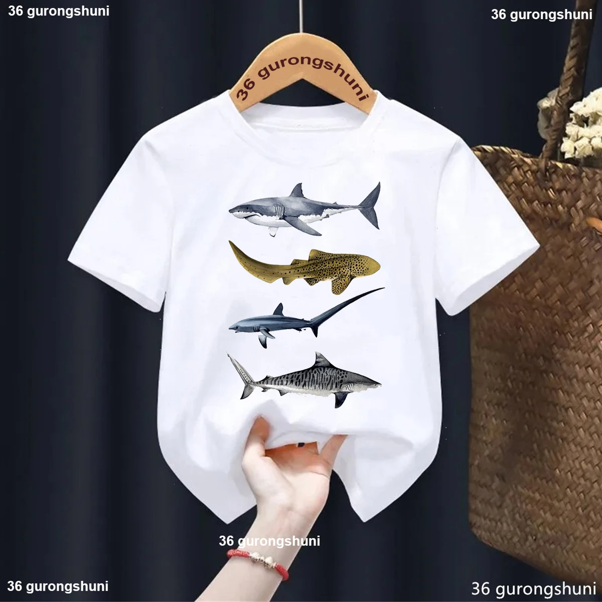 Types Of Shark Identification Cartoon Print Tshirt Boys Kawaii Kids Clothes Cute T-Shirt Children'S Clothes Summer Toddler Tee