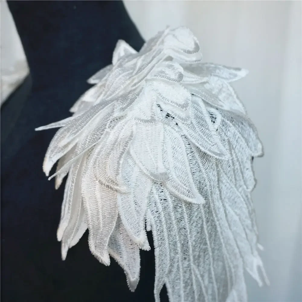 2PCS White Feather Wings Fabric Embroidery Gown Appliques Collar Sew On Patches For Wedding Decoration Dress DIY