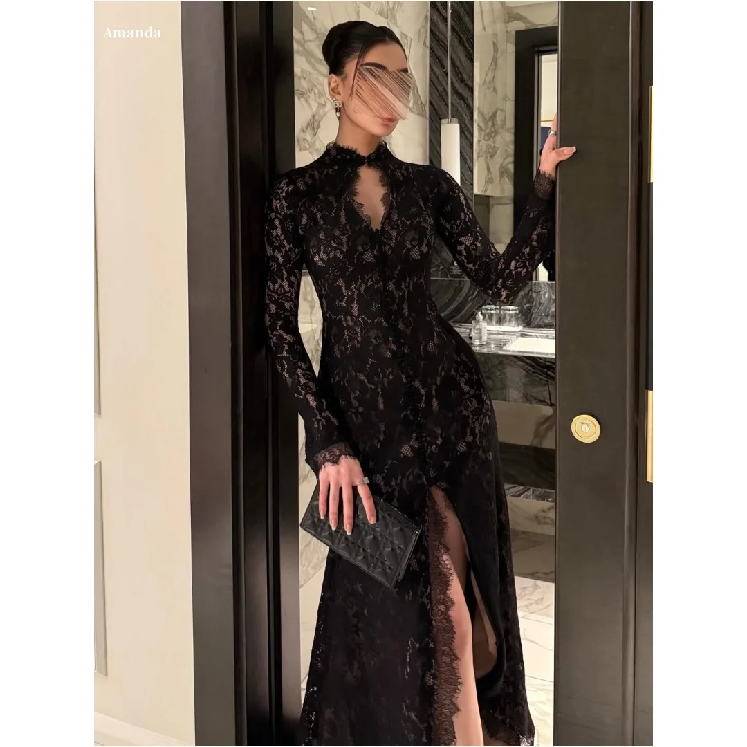 

Вечернее платье Amanda с длинными рукавами из черного кружева, с высоким воротом, прозрачной сеткой и разрезом по низу, облегающее, для выпускного вечера, 2026