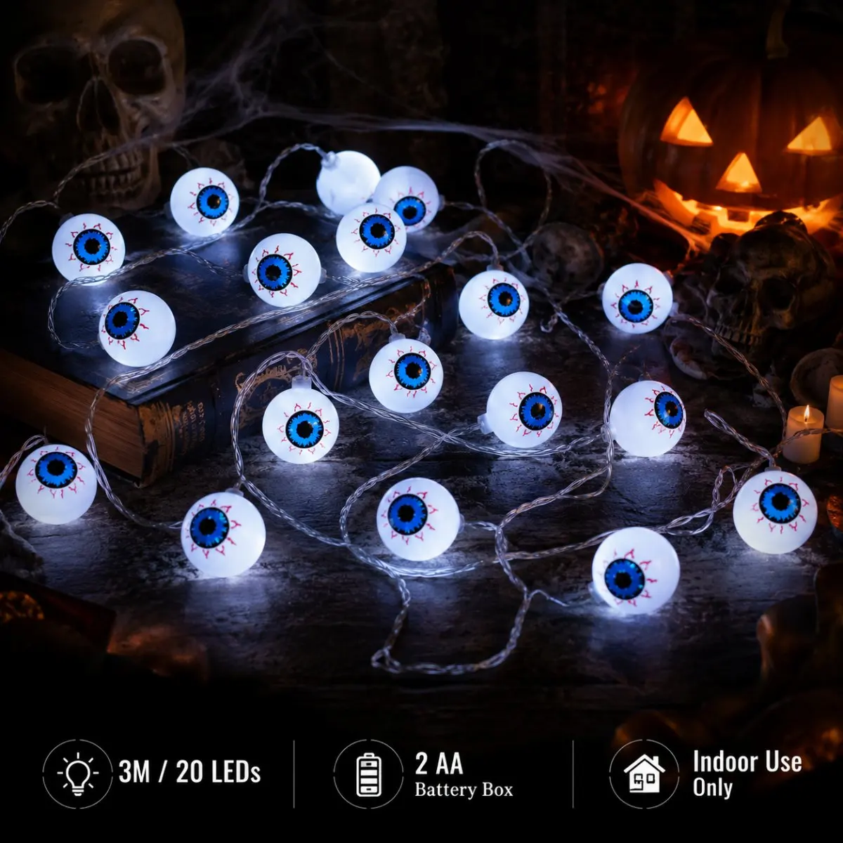 1PC Glow Eyeball String Lights Creepy Luminous Eyeball Globe LED Fairy Lights Battery Powered for Halloween Spooky Outdoor Decor