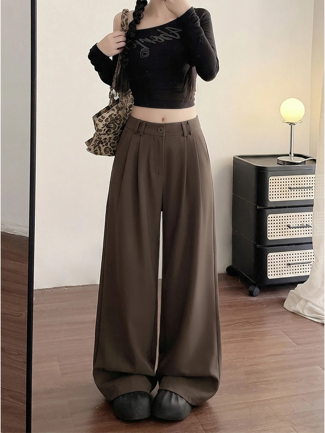 High Waist Wide Leg Pants Korean Style Autumn Pressed Folded Loose Slimming Draping Casual Floor-Length All-Match Trousers